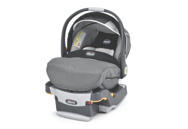 A Chicco brand infant detachable carrying car seat with a handle and cover, in shades of gray, black and white.