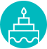 Tiered cake with a candle on top in a blue circle.