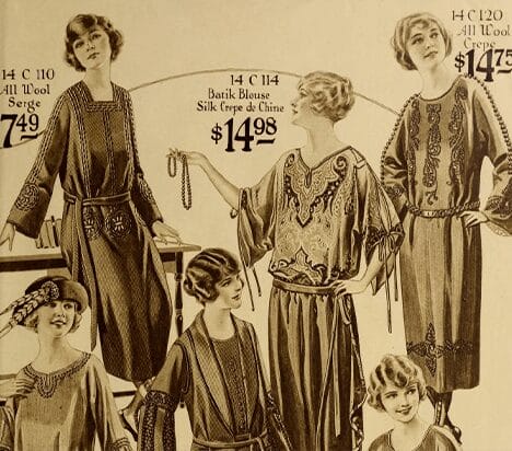 Six women modeling vintage 1920s fashion, showcasing elegant dresses and blouses with intricate designs and pricing details.