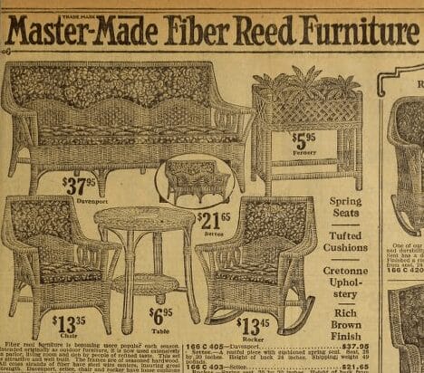 Vintage advertisement showcasing various fiber reed furniture pieces with prices, including a sofa, settee, and rocker.