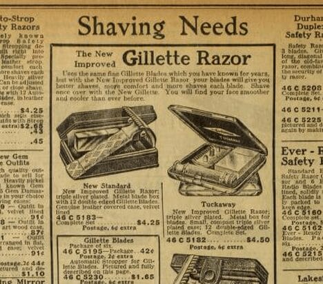 Vintage advertisement for Gillette razors featuring various models and prices, highlighting improved shaving comfort.