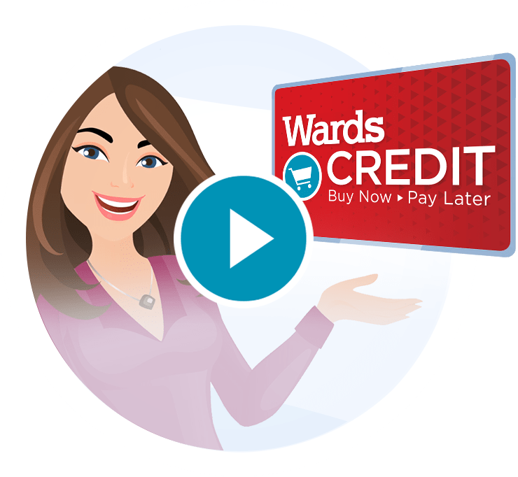 A smiling woman in a purple blouse gestures towards a "Wards CREDIT" sign with a play button in the foreground.