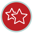 Two white stars inside a red circle, outlined in light blue.