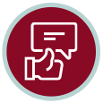 A hand holding a speech bubble icon inside a circular maroon and light blue border.