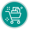 Shopping cart icon filled with packages, set against a teal circular background with decorative sparkles.