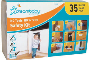 Dreambaby brand No Tools No Screws Safety Kit for latching doors and drawers, and covering sharp corners.