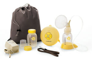 Medela breast pump kit with bottles, electrical cord, accessories and storage bag.