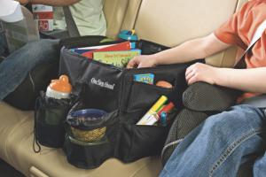 Two youngsters strapped in the back seat, with a traveling organizer between them for books, drinks, markers and more.