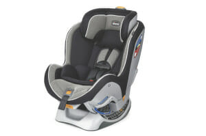 A Chicco brand adjustable toddler car seat, in shades of gray, black and white.