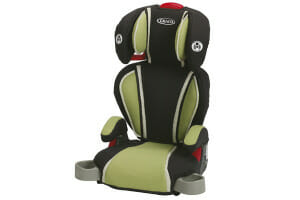 Graco brand toddler booster seat with cup holders, in a black, white and moss green pattern.