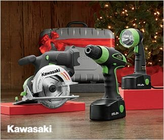 Kawasaki brand saw, flashlight and power drill next to a gray tool case wrapped in a red bow.