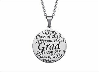 Personalized round silver graduation necklace with name, class year, and school name.