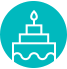 Tiered cake with a candle on top in a blue circle.