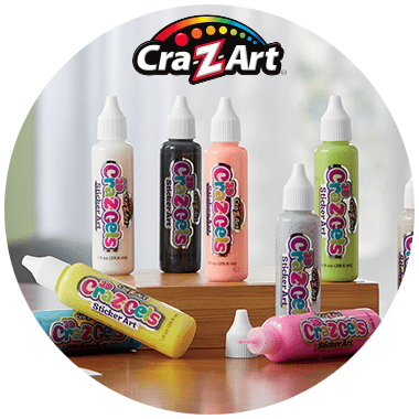 Nine different colors of Kids' Cra-Z-Art brand Sticker Art squeeze bottles for crafts.