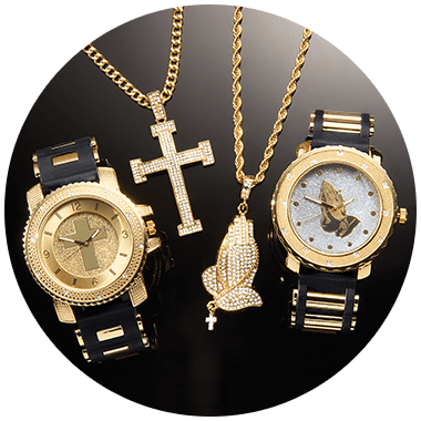 Two men's gold and black wrist watches with a cross or praying hands dial, with matching pendants on gold chains.
