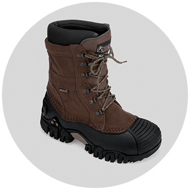 Men's dark brown winter lace-up boot with black waterproof lowers.