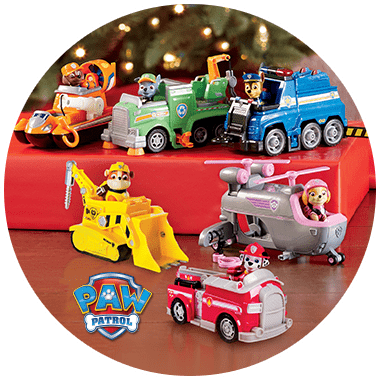 Six Kid's Paw Patrol characters in toy vehicles such as a boat, helicopter, firetruck, and bulldozer.