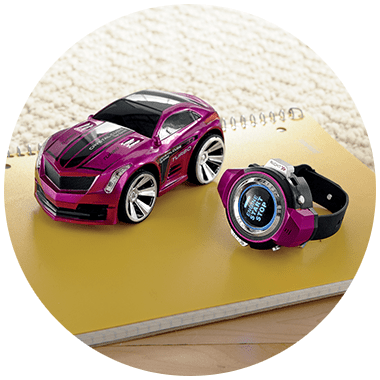 Sporty remote control car in magenta and black with a matching magenta and black sport watch.