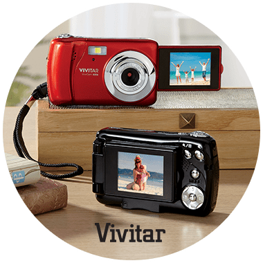 Two Vivitar brand cameras with reticulating screens, one in red and one in black.