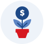 Dollar sign on a blue flower in a red flower pot.